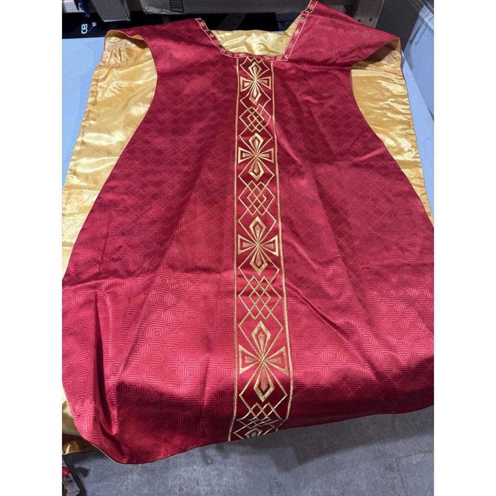 Vintage Handmade Red and‎ Gold Chasuble Robe w/ IHS - Vestments for Priest Sash